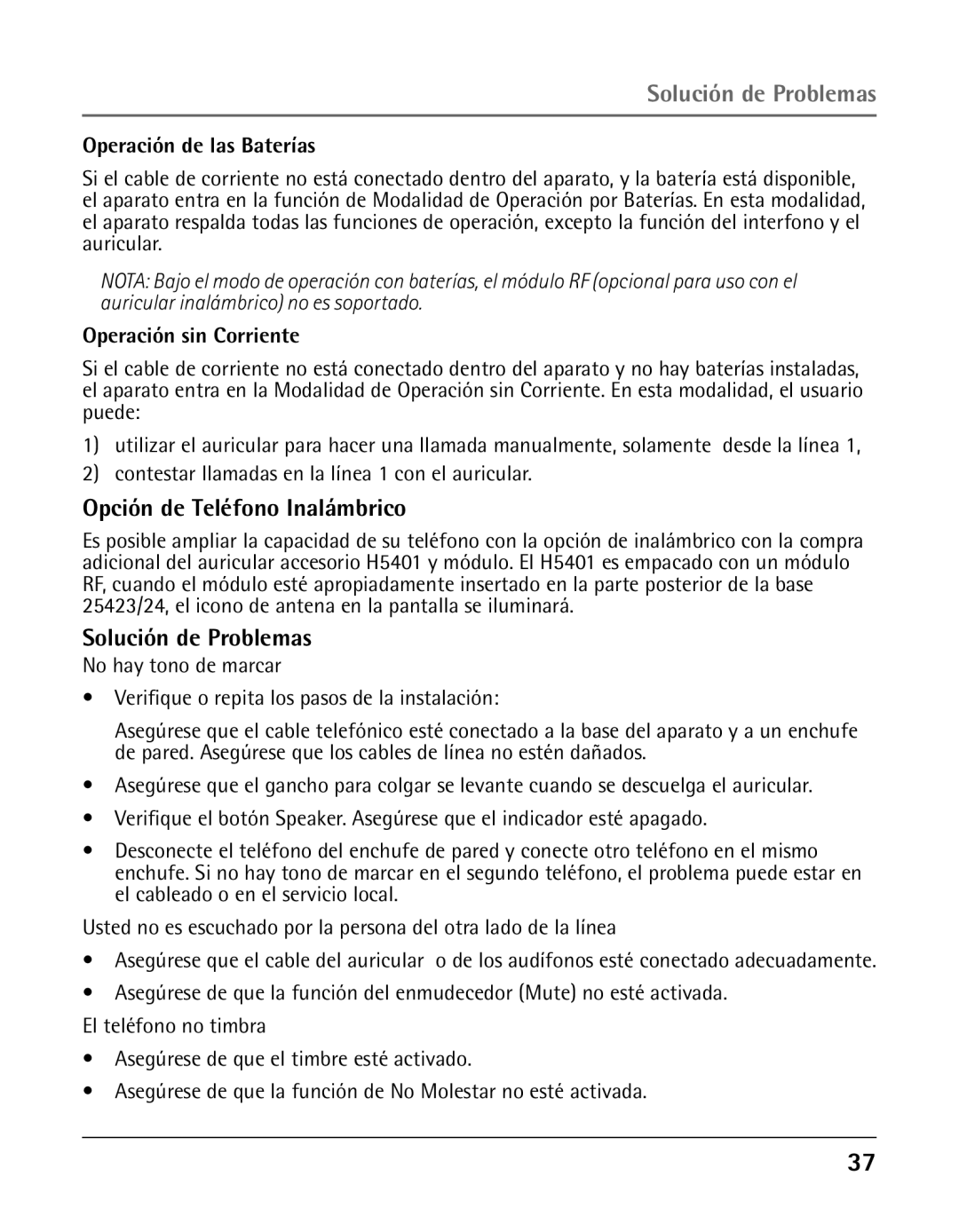 GE 25423, 25424 Solución de Problemas, Opción de Teléfono Inalámbrico, Operación de las Baterías, Operación sin Corriente 