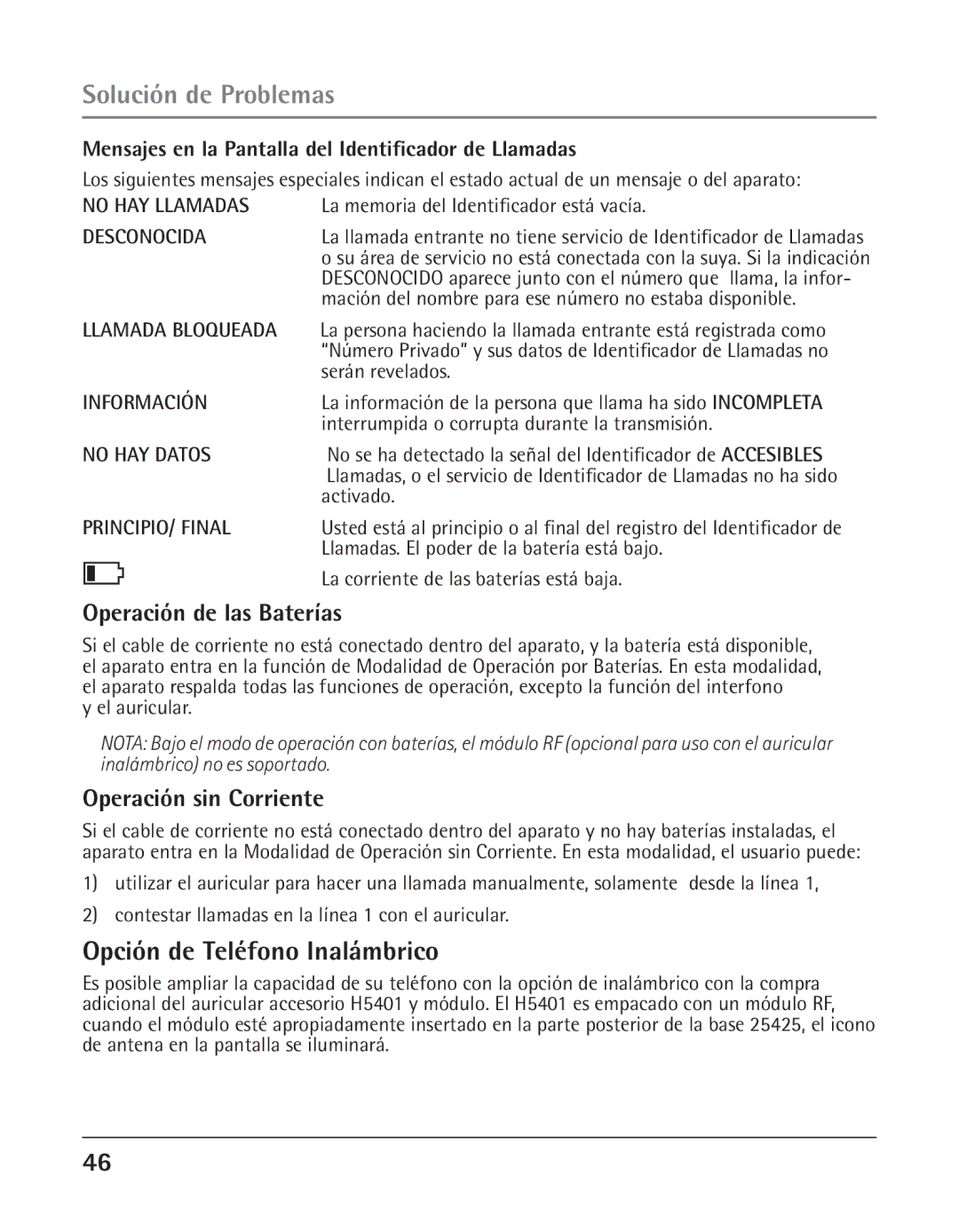 GE 25425 manual Solución de Problemas, Opción de Teléfono Inalámbrico, Operación de las Baterías, Operación sin Corriente 