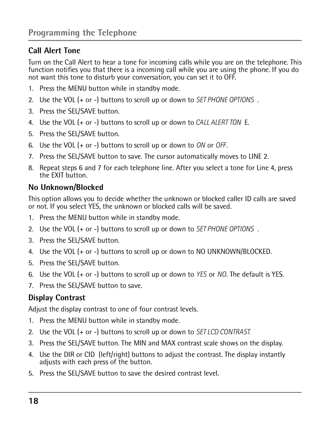 GE 25425 manual Call Alert Tone, No Unknown/Blocked, Display Contrast 