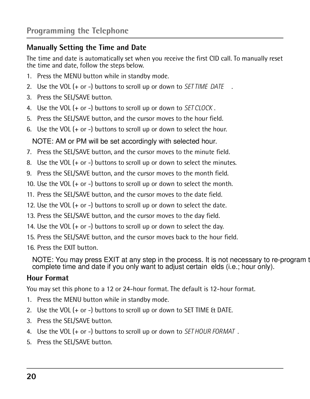 GE 25425 manual Manually Setting the Time and Date, Hour Format 