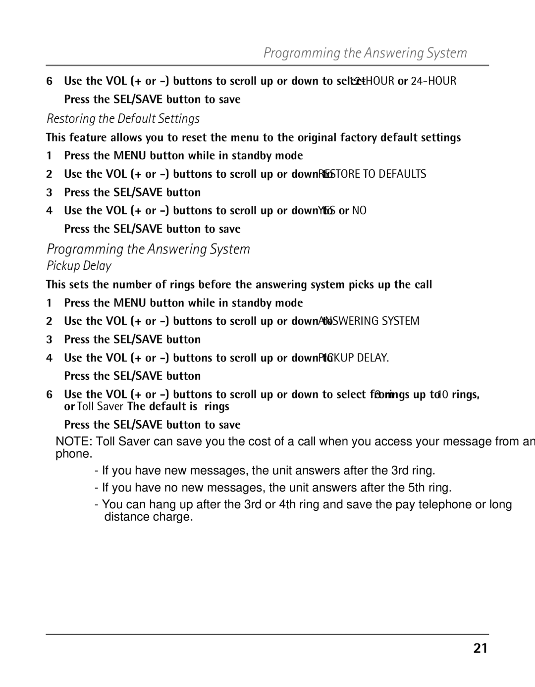 GE 25425 manual Programming the Answering System, Restoring the Default Settings, Pickup Delay 