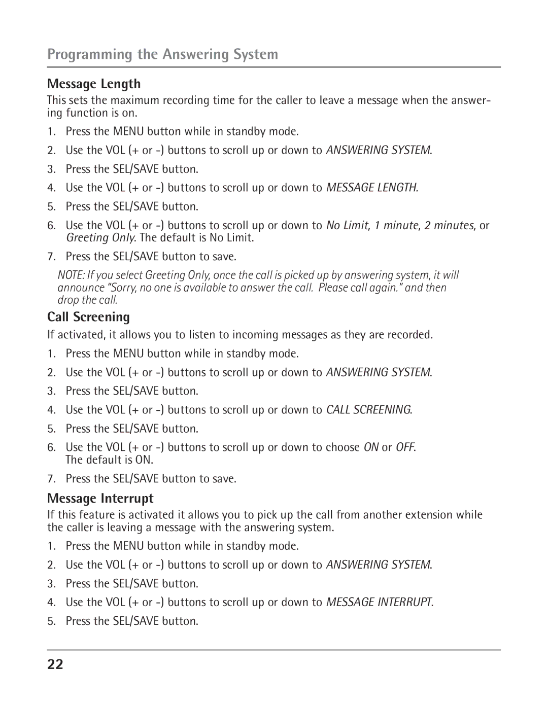 GE 25425 manual Message Length, Call Screening, Message Interrupt 