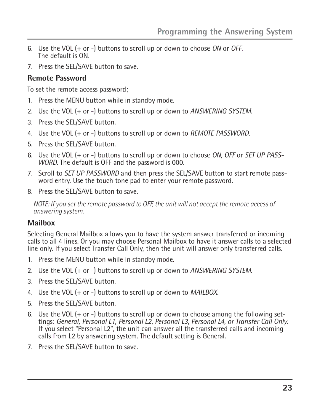 GE 25425 manual Remote Password, Mailbox 