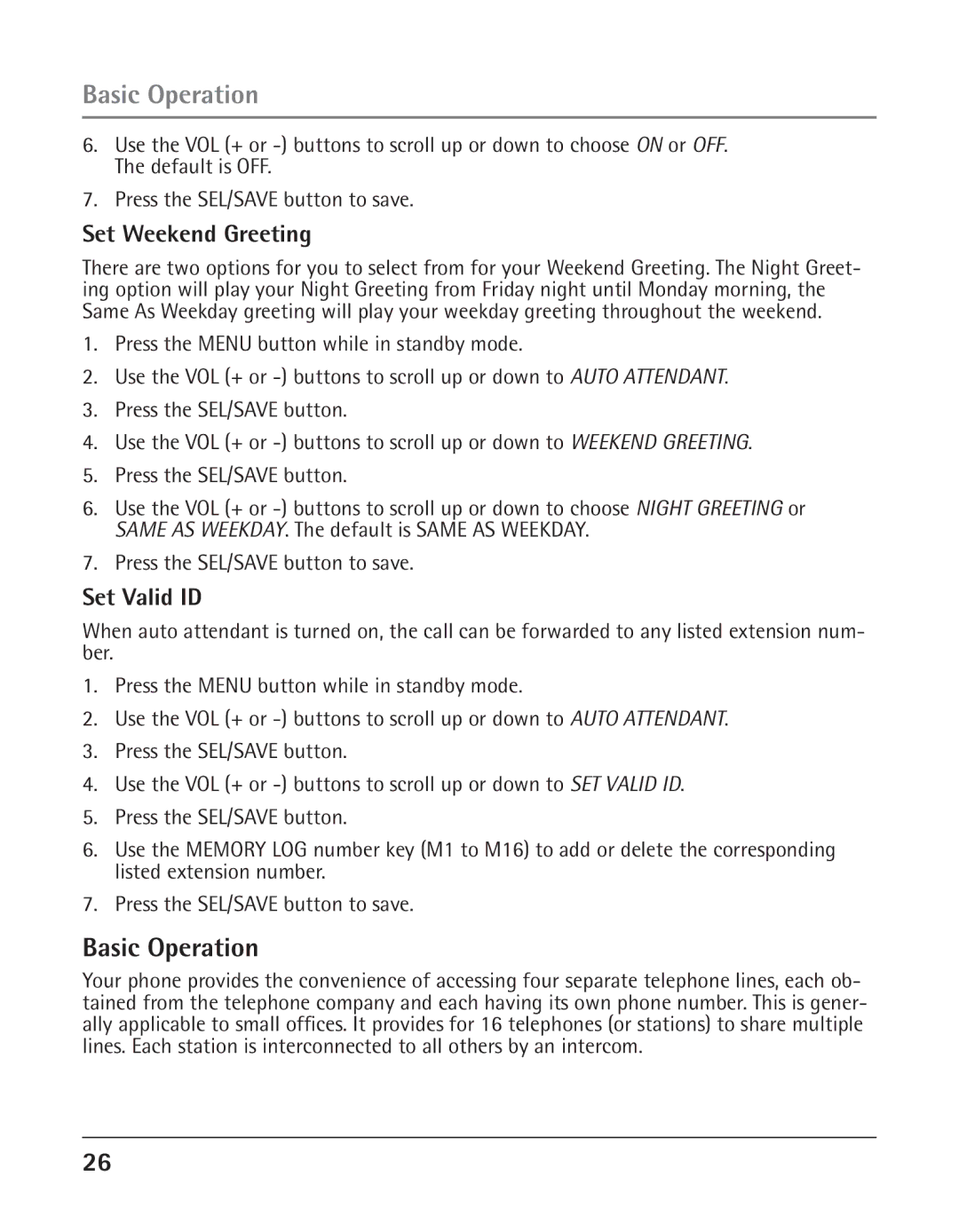 GE 25425 manual Basic Operation, Set Weekend Greeting, Set Valid ID 