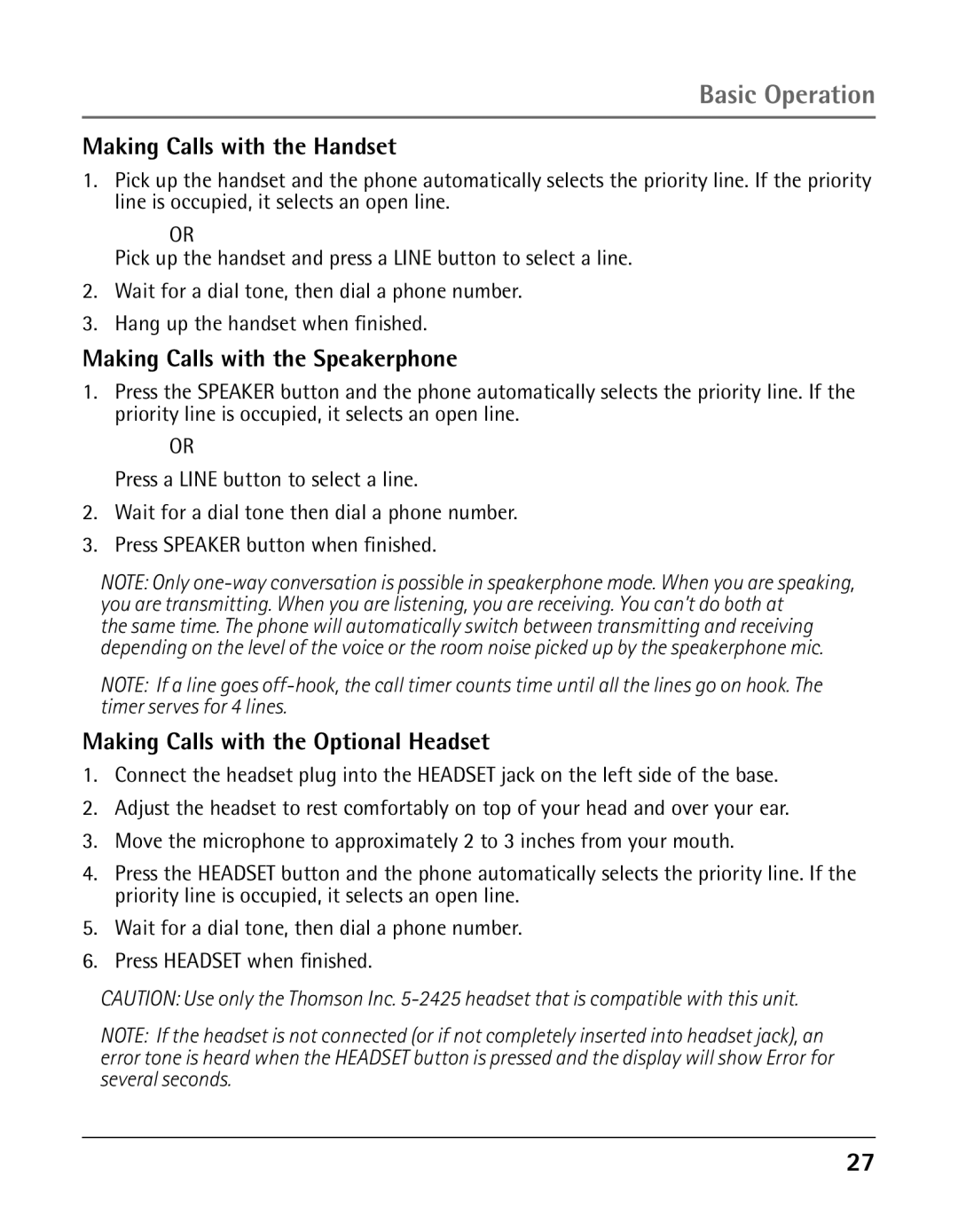 GE 25425 manual Making Calls with the Handset, Making Calls with the Speakerphone, Making Calls with the Optional Headset 