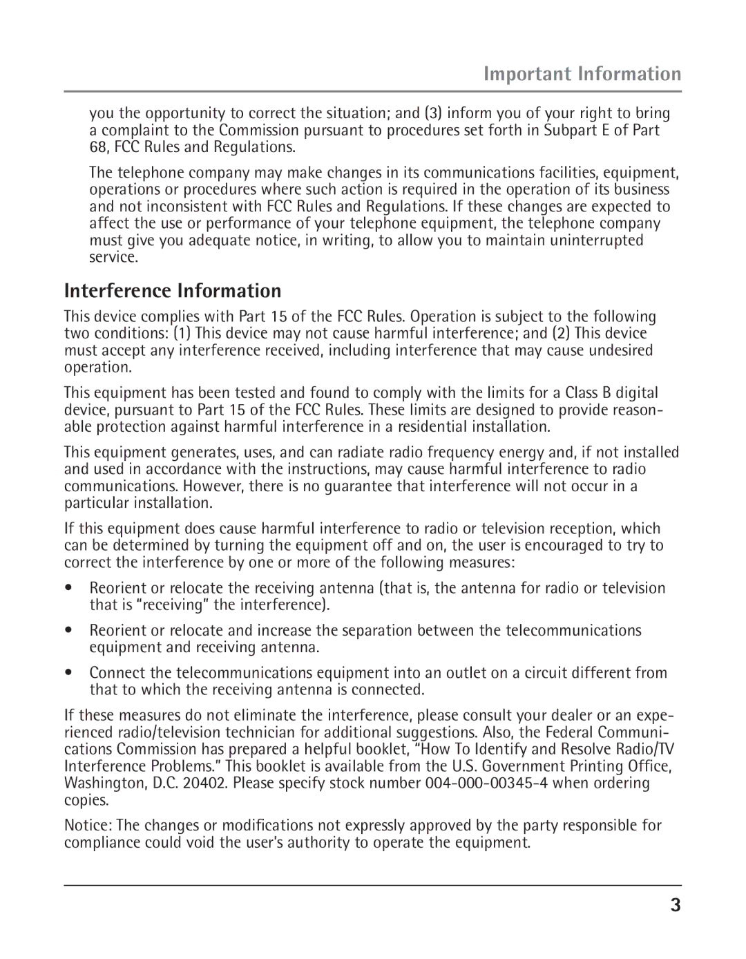 GE 25425 manual Interference Information 