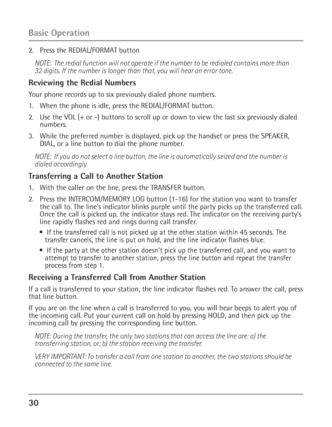 GE 25425 manual Reviewing the Redial Numbers, Transferring a Call to Another Station 