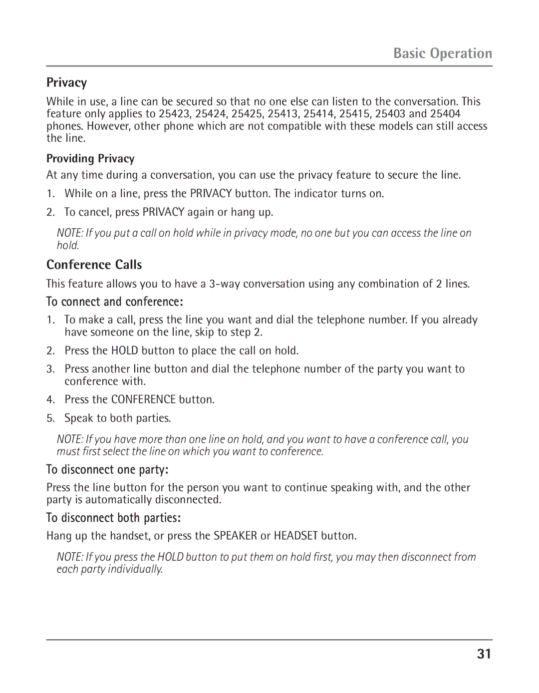 GE 25425 manual Privacy, Conference Calls, To connect and conference, To disconnect one party, To disconnect both parties 