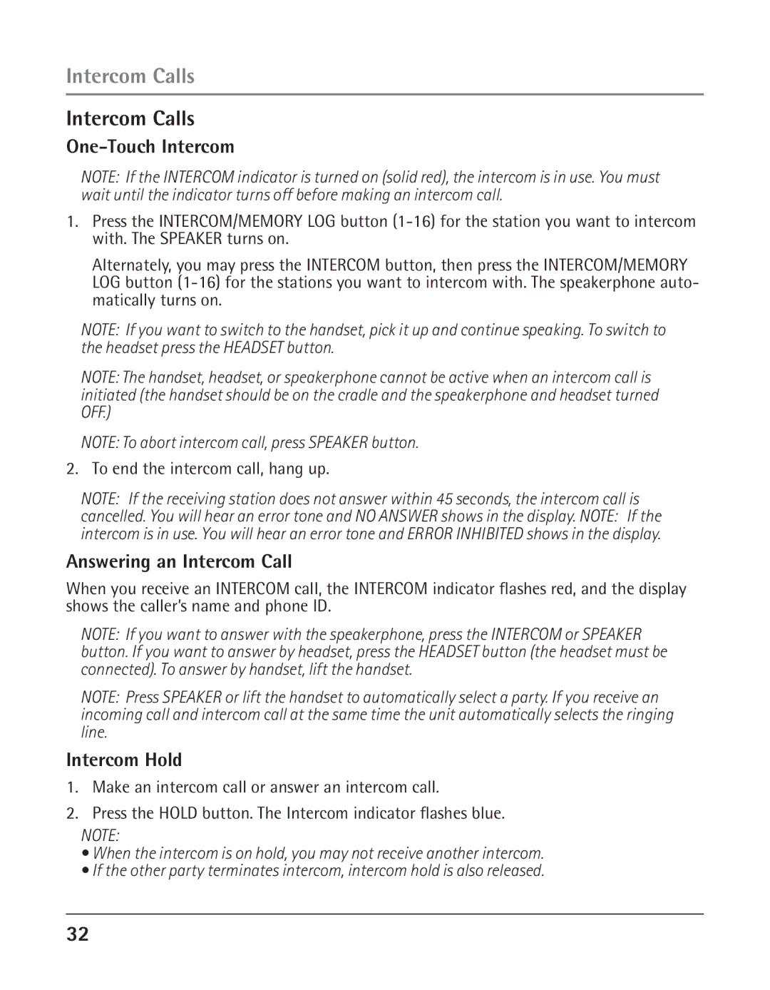 GE 25425 manual Intercom Calls, One-Touch Intercom, Answering an Intercom Call, Intercom Hold 