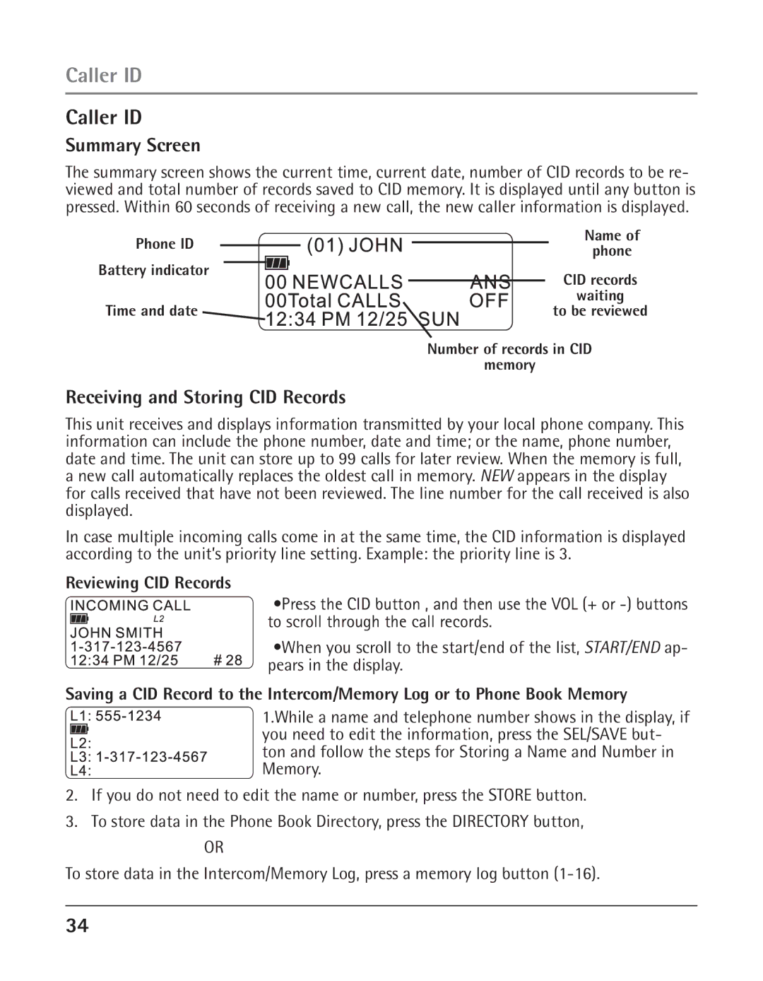 GE 25425 manual Caller ID, Summary Screen, Receiving and Storing CID Records, Reviewing CID Records 