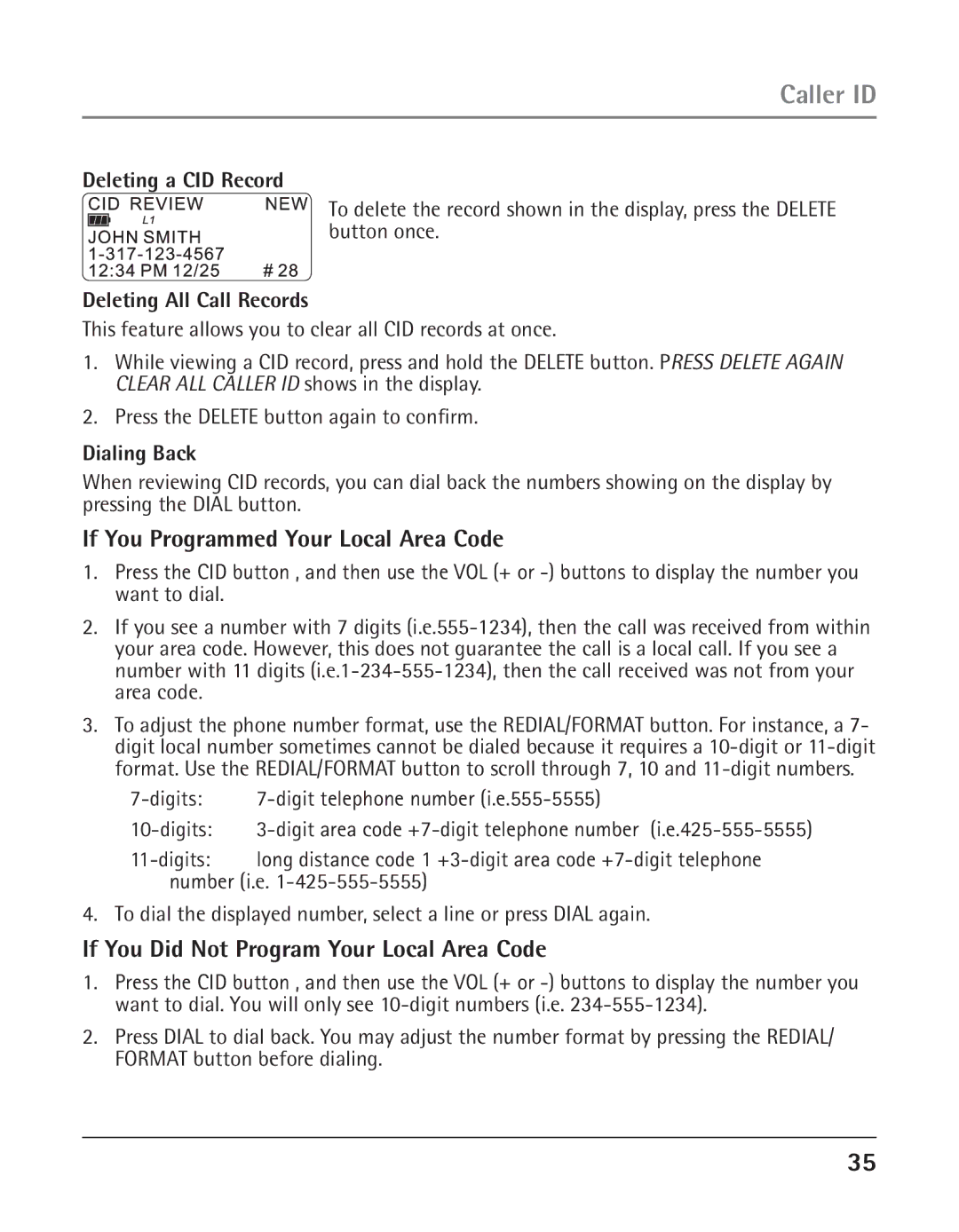 GE 25425 manual If You Programmed Your Local Area Code, If You Did Not Program Your Local Area Code, Deleting a CID Record 