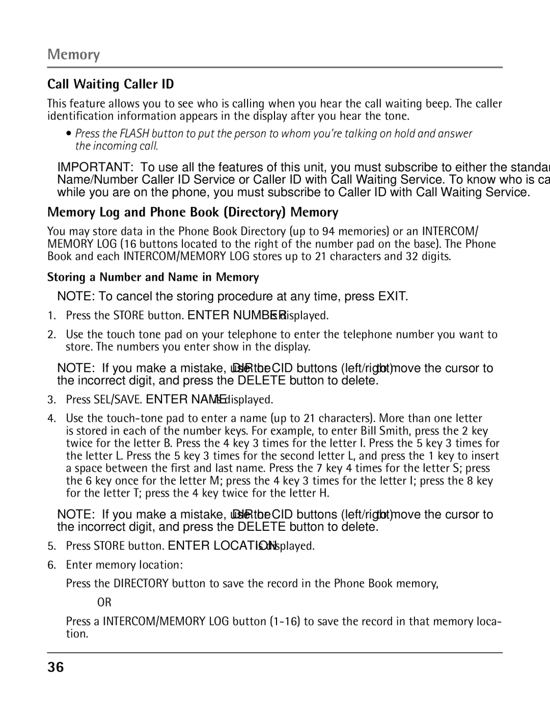 GE 25425 manual Call Waiting Caller ID, Memory Log and Phone Book Directory Memory, Storing a Number and Name in Memory 