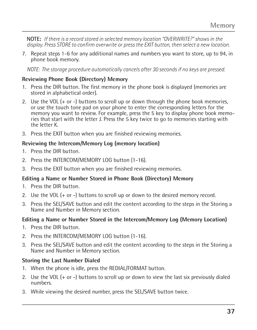 GE 25425 manual Reviewing Phone Book Directory Memory, Reviewing the Intercom/Memory Log memory location 