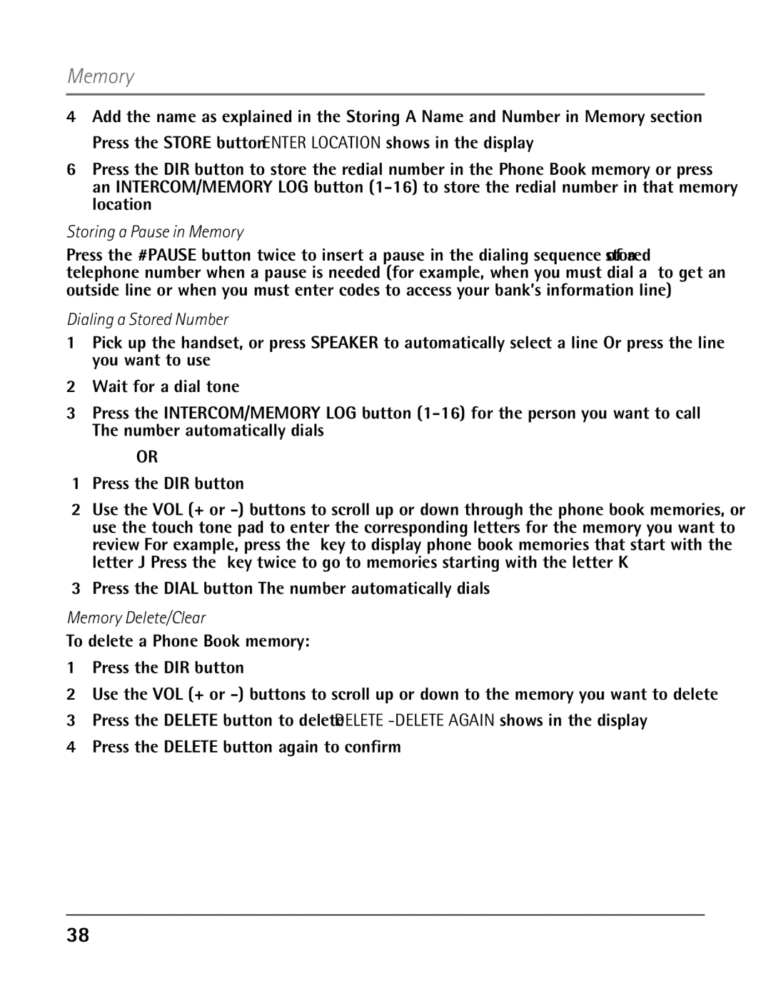 GE 25425 manual Storing a Pause in Memory, Dialing a Stored Number, Memory Delete/Clear 