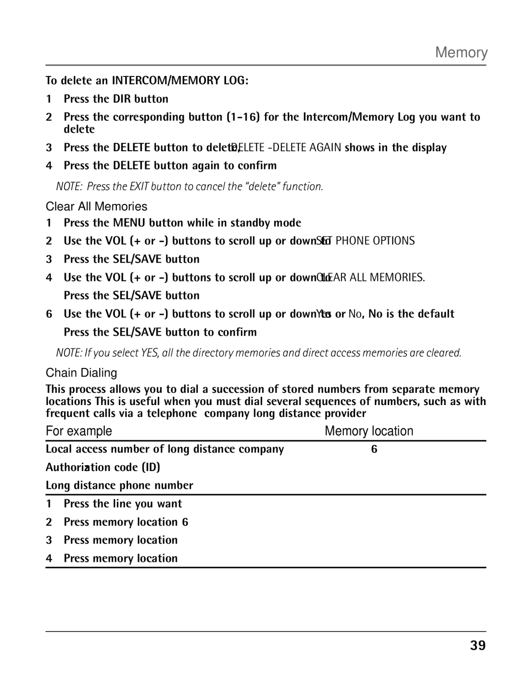 GE 25425 manual Clear All Memories, Chain Dialing 