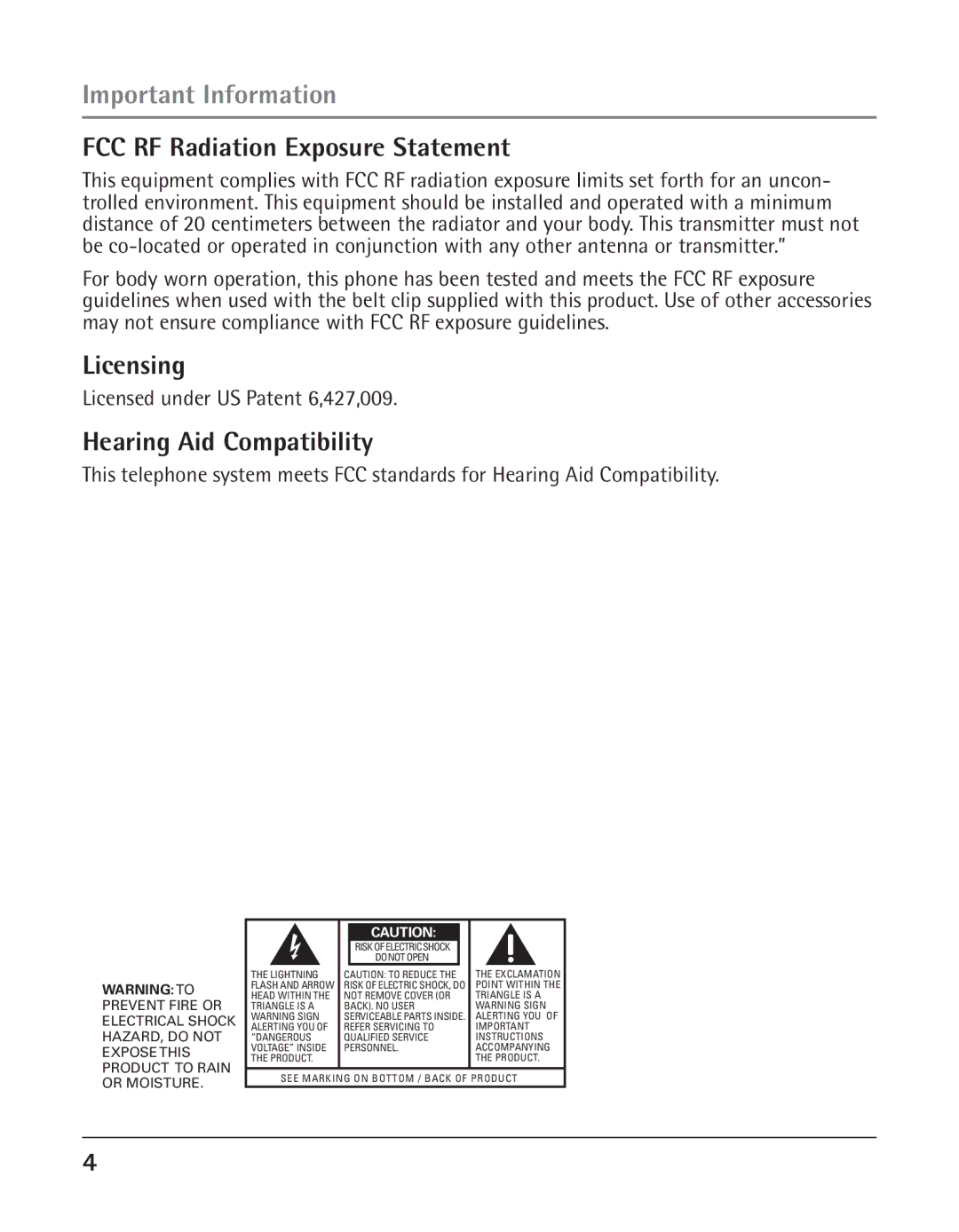 GE 25425 manual FCC RF Radiation Exposure Statement, Licensing, Hearing Aid Compatibility 