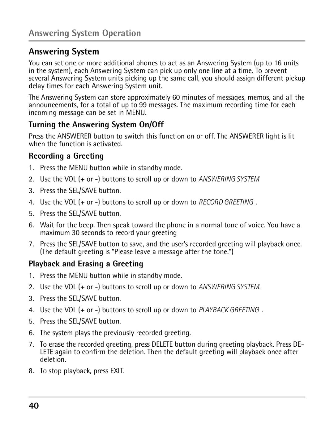 GE 25425 manual Answering System Operation, Turning the Answering System On/Off, Recording a Greeting 