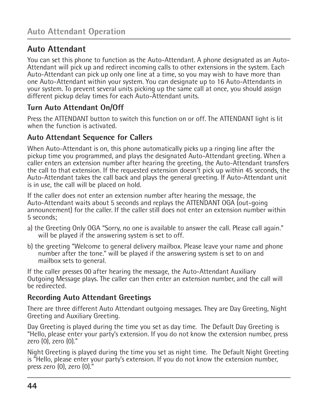 GE 25425 manual Auto Attendant Operation, Turn Auto Attendant On/Off, Auto Attendant Sequence for Callers 