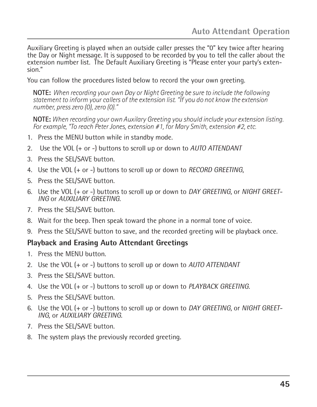 GE 25425 manual Playback and Erasing Auto Attendant Greetings 