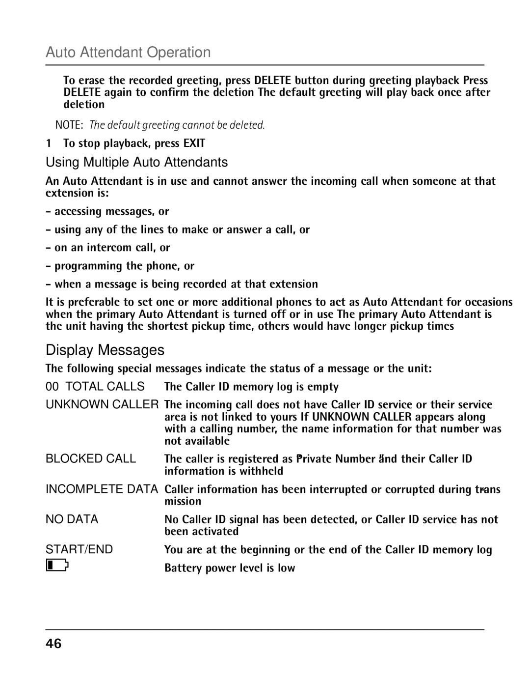 GE 25425 manual Display Messages, Using Multiple Auto Attendants 