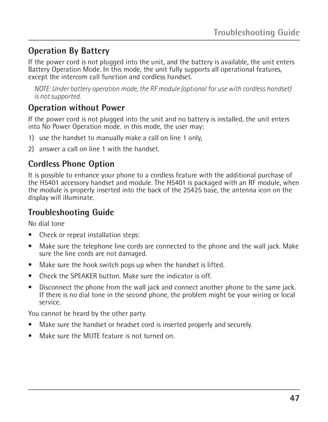 GE 25425 manual Troubleshooting Guide, Operation By Battery, Operation without Power, Cordless Phone Option 