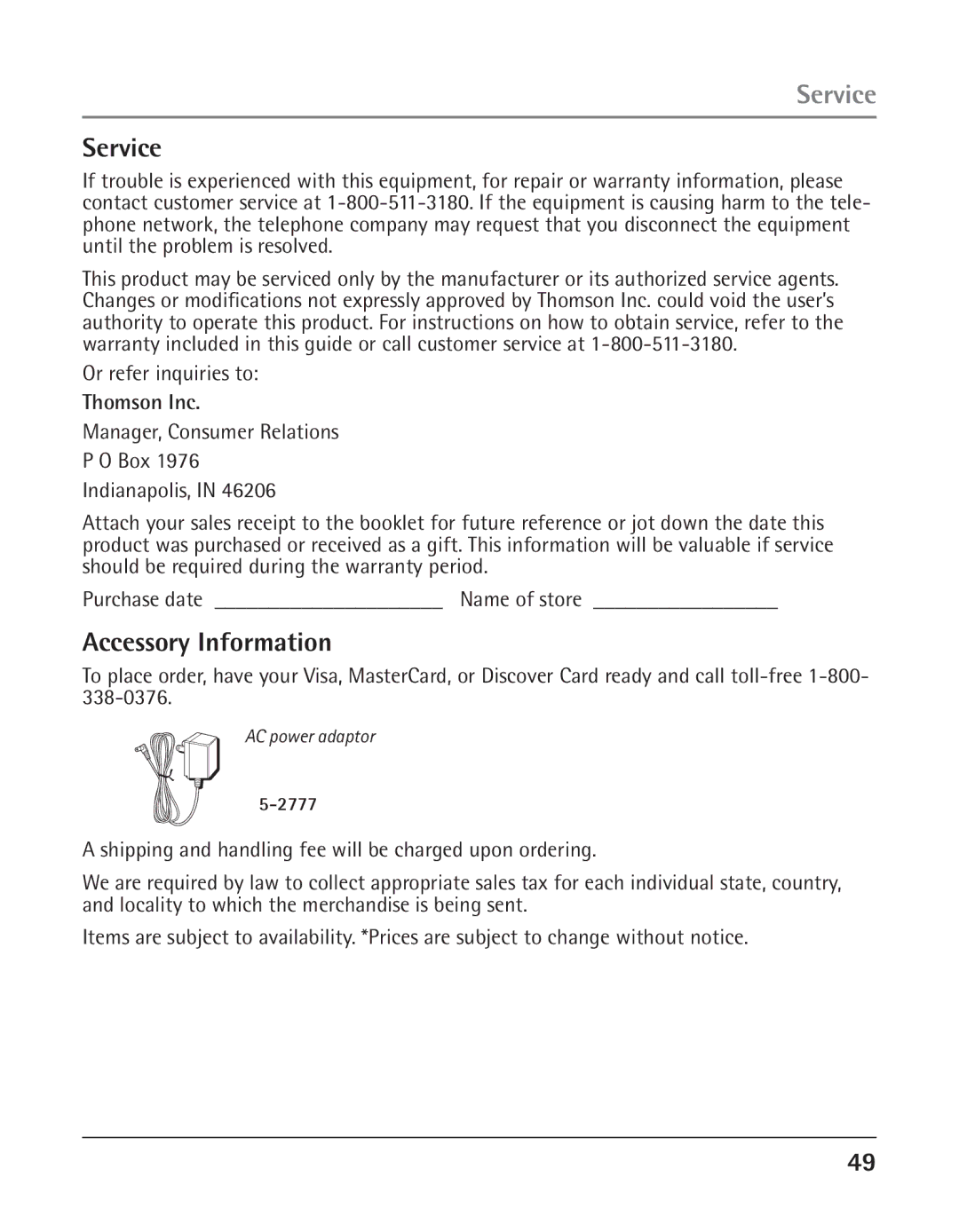 GE 25425 manual Service, Accessory Information, Thomson Inc 