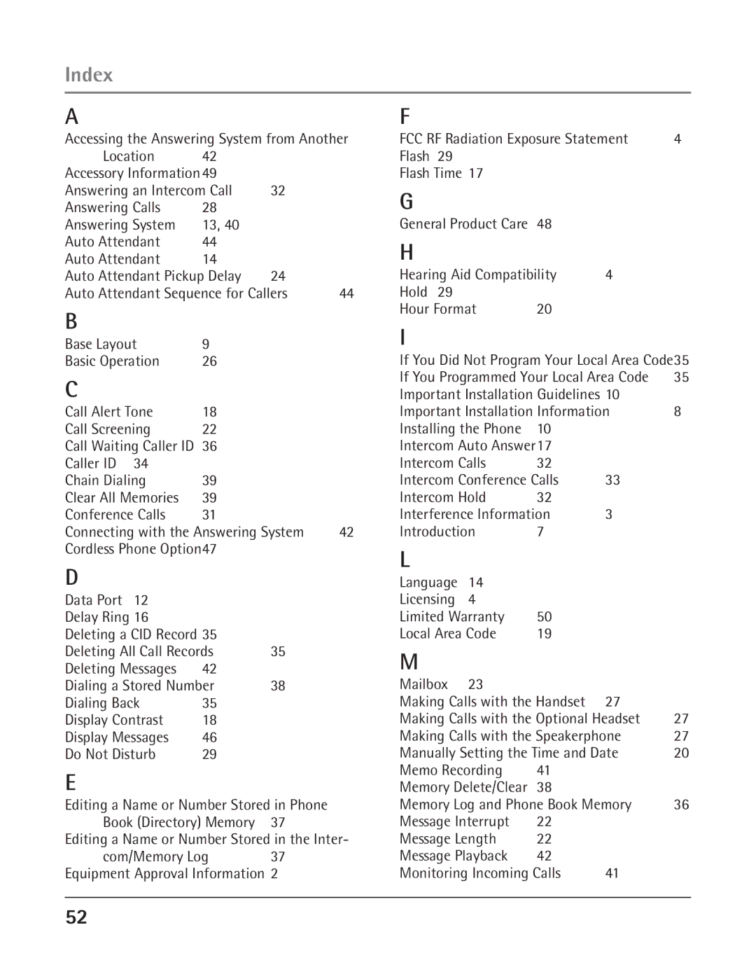 GE 25425 manual Index 