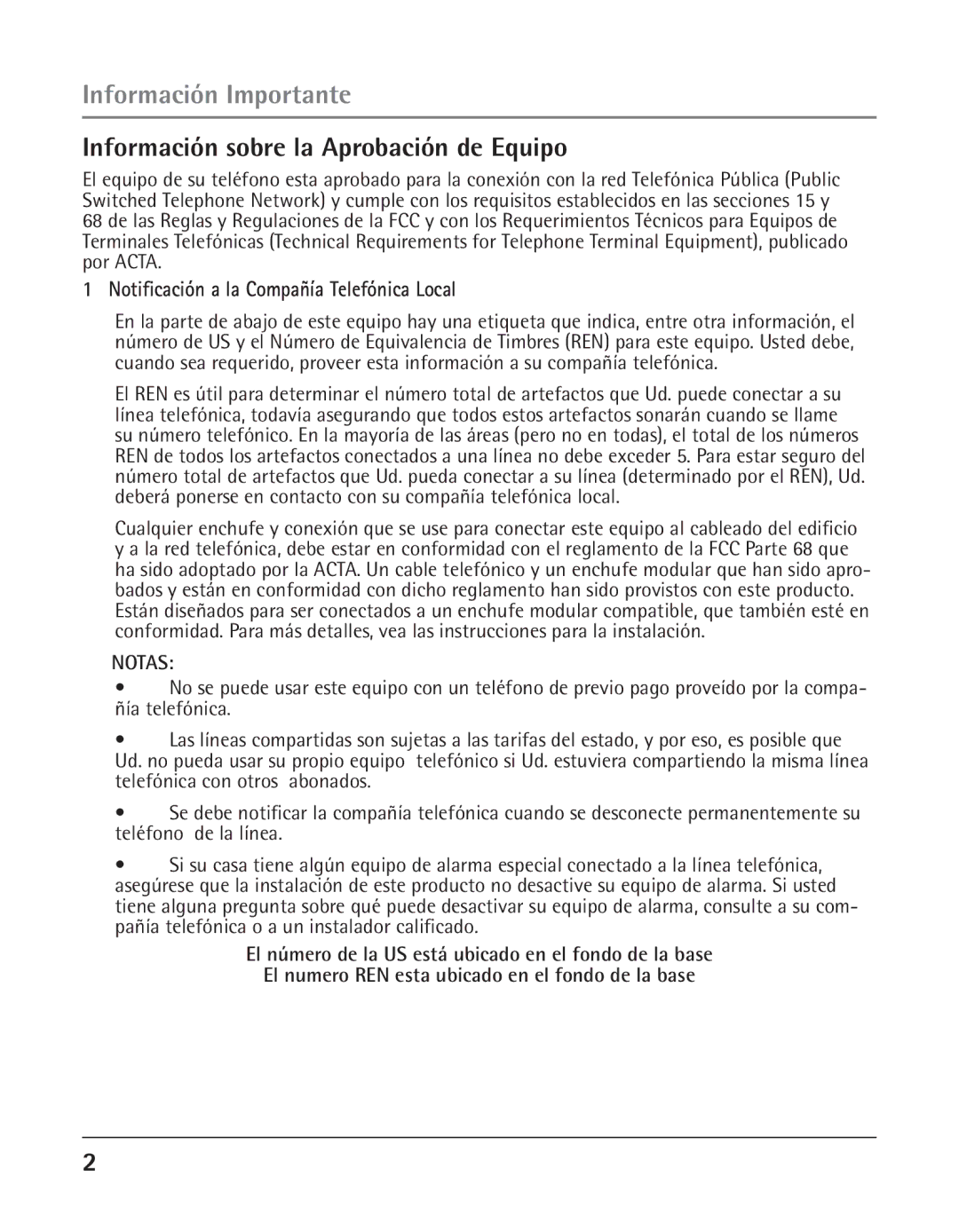 GE 25425 Información Importante, Información sobre la Aprobación de Equipo, Notificación a la Compañía Telefónica Local 