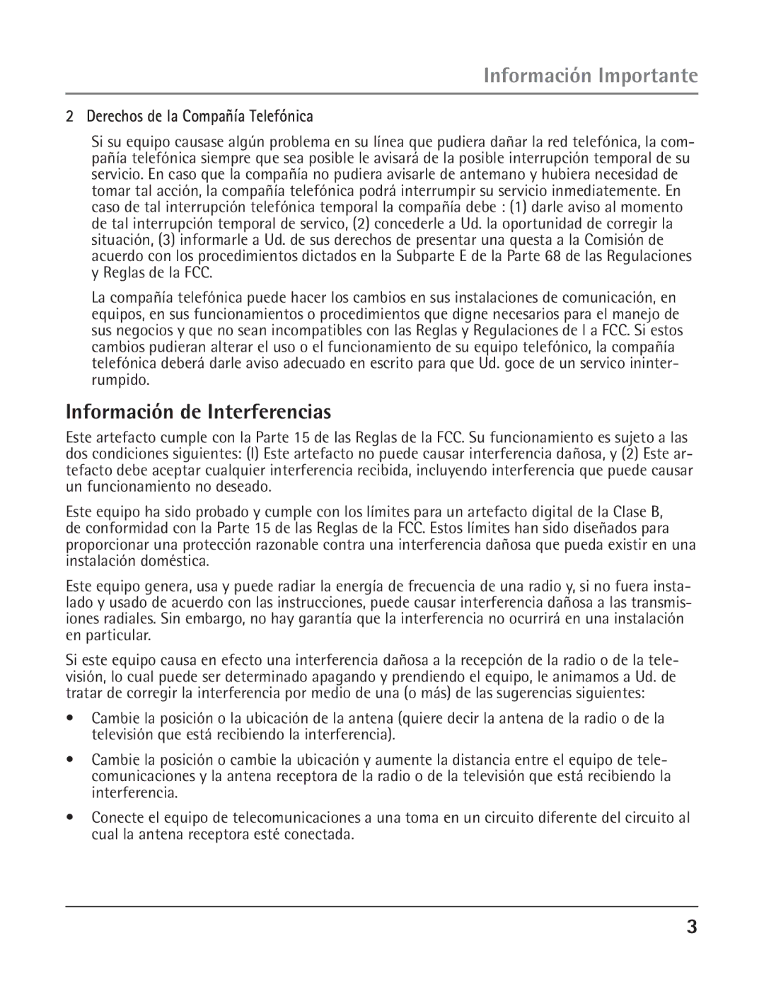 GE 25425 manual Información de Interferencias, Derechos de la Compañía Telefónica 