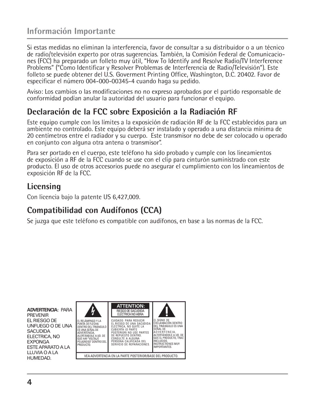 GE 25425 manual Declaración de la FCC sobre Exposición a la Radiación RF, Compatibilidad con Audífonos CCA 