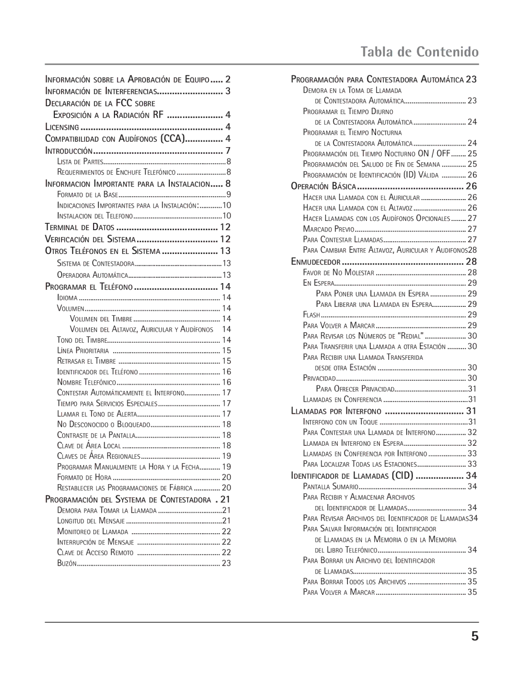 GE 25425 manual Tabla de Contenido, Información de Interferencias 