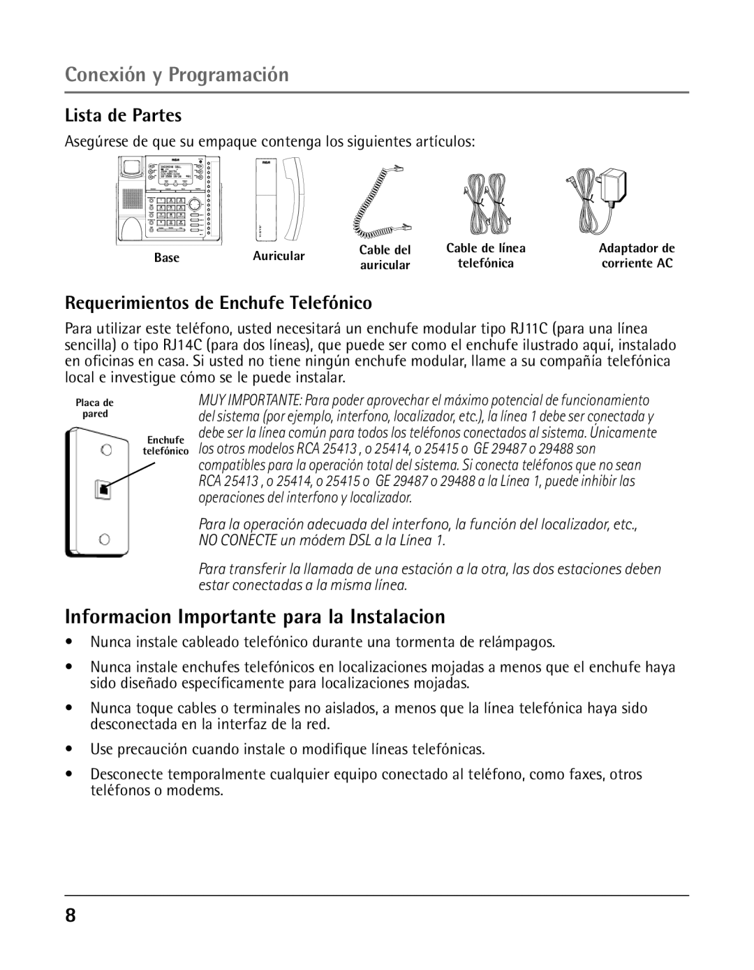 GE 25425 manual Informacion Importante para la Instalacion, Lista de Partes, Requerimientos de Enchufe Telefónico 