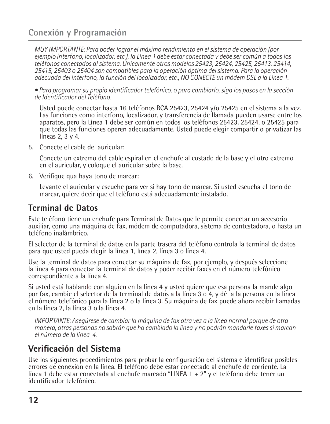 GE 25425 manual Terminal de Datos, Verificación del Sistema 