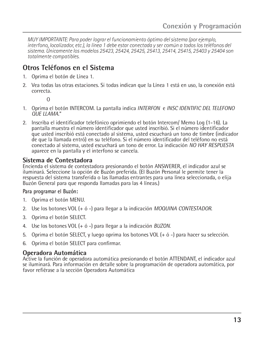 GE 25425 manual Otros Teléfonos en el Sistema, Sistema de Contestadora, Operadora Automática, Para programar el Buzón 