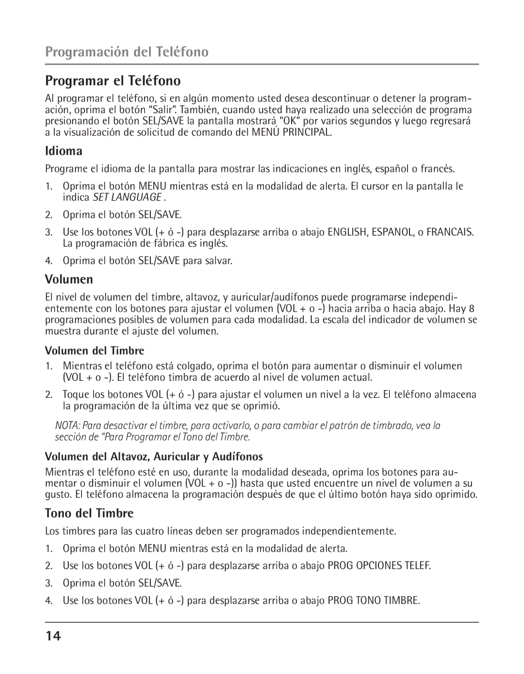 GE 25425 manual Programación del Teléfono, Programar el Teléfono, Idioma, Volumen, Tono del Timbre 