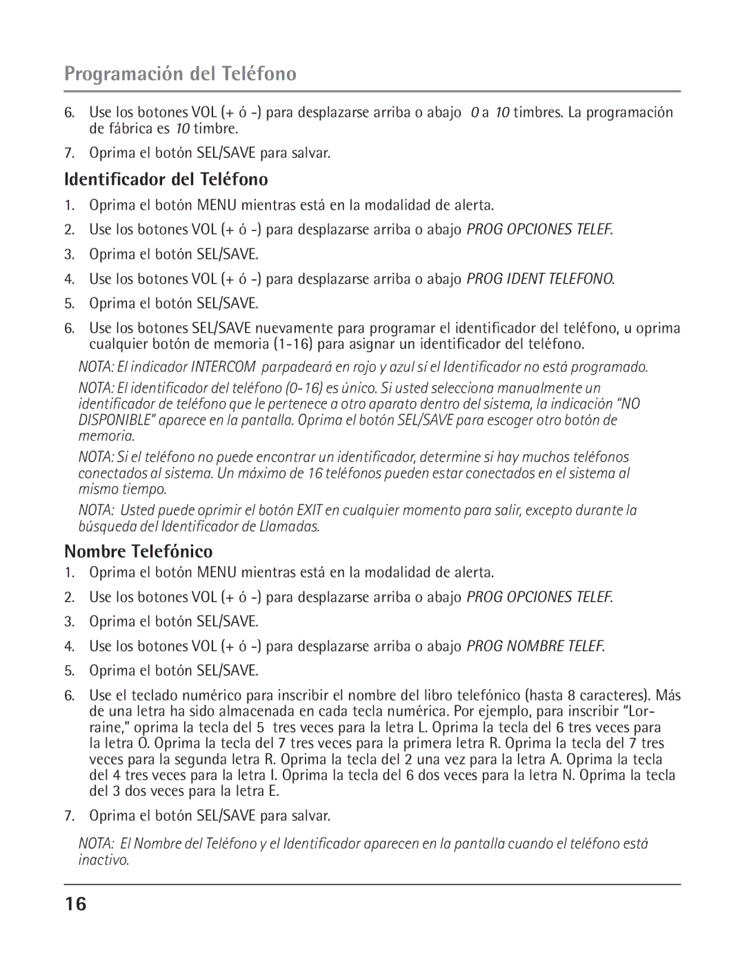 GE 25425 manual Identificador del Teléfono, Nombre Telefónico 