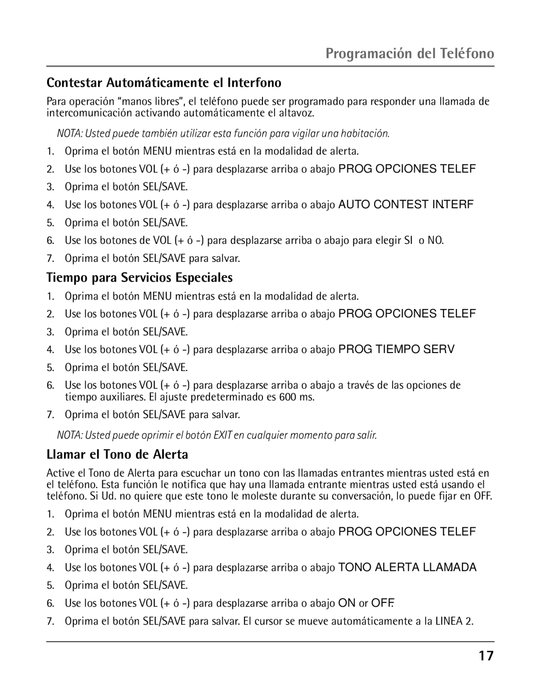 GE 25425 manual Contestar Automáticamente el Interfono, Tiempo para Servicios Especiales, Llamar el Tono de Alerta 