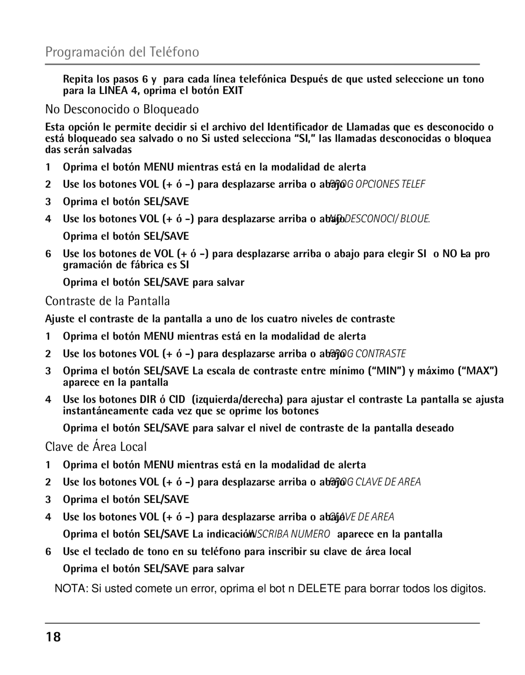 GE 25425 manual No Desconocido o Bloqueado, Contraste de la Pantalla, Clave de Área Local 