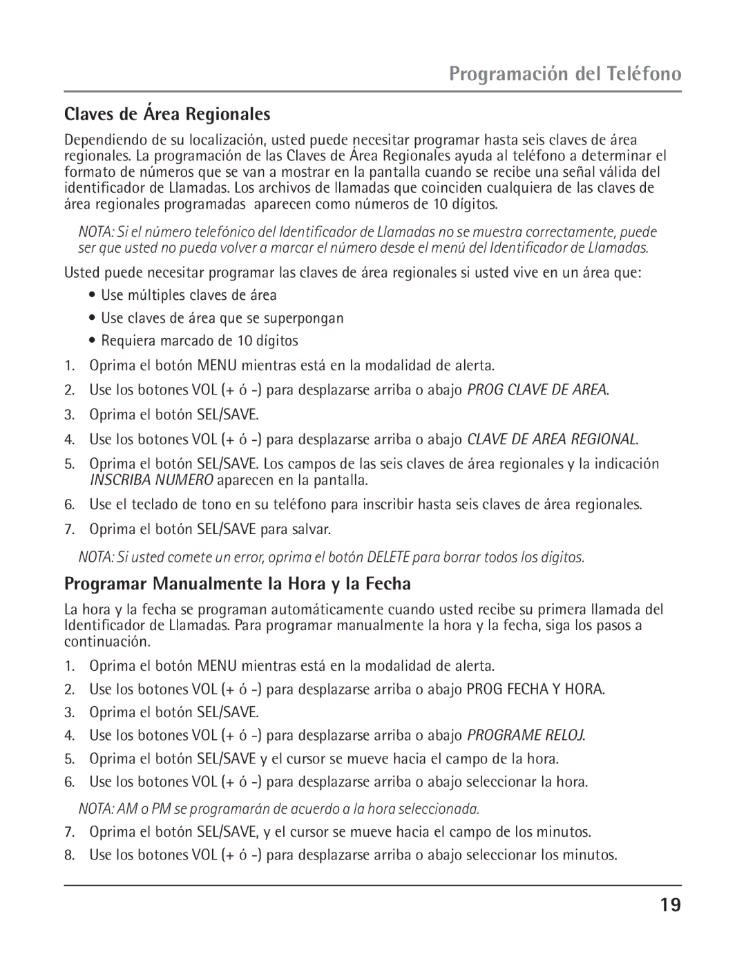 GE 25425 manual Claves de Área Regionales, Programar Manualmente la Hora y la Fecha 