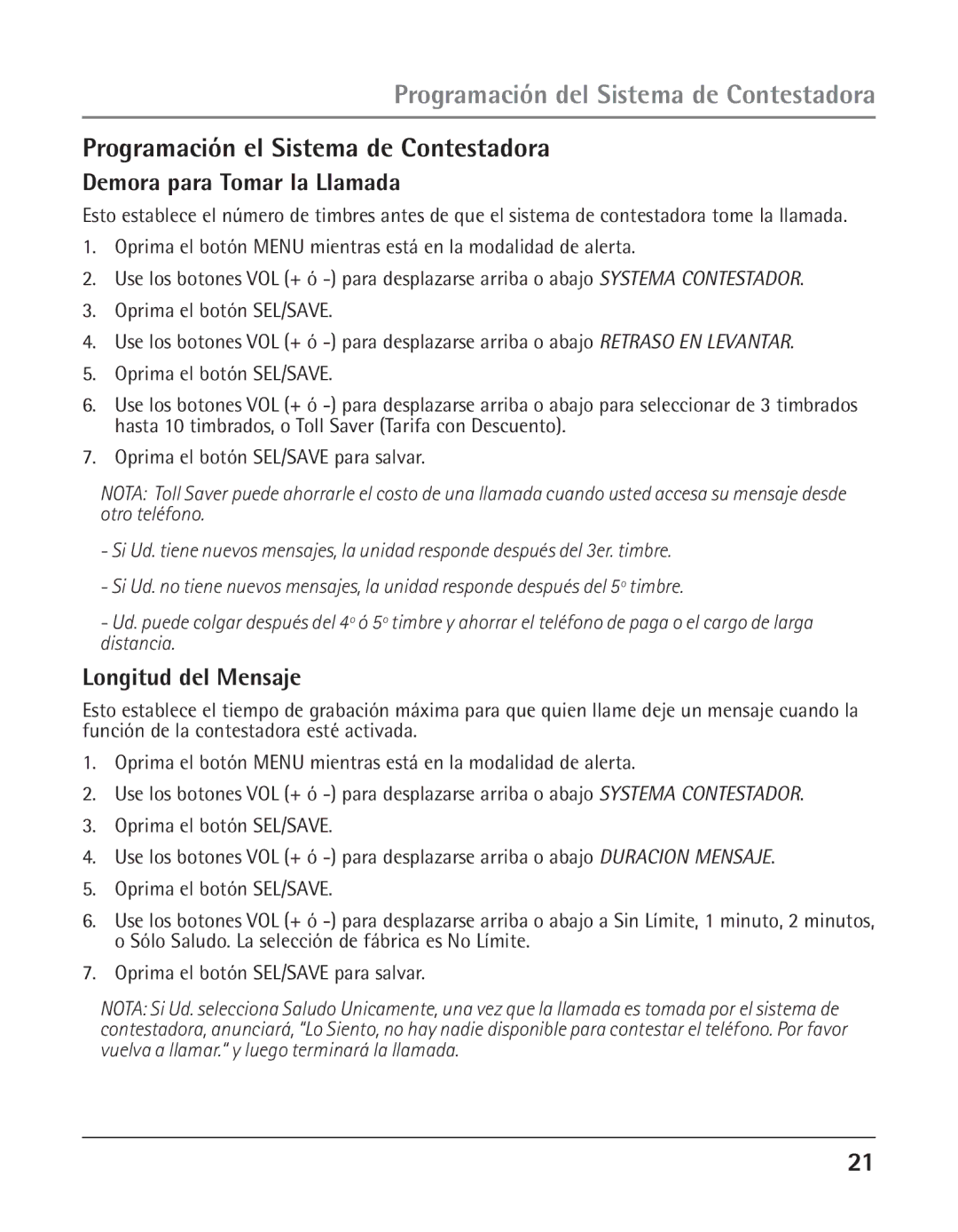 GE 25425 Programación del Sistema de Contestadora, Programación el Sistema de Contestadora, Demora para Tomar la Llamada 