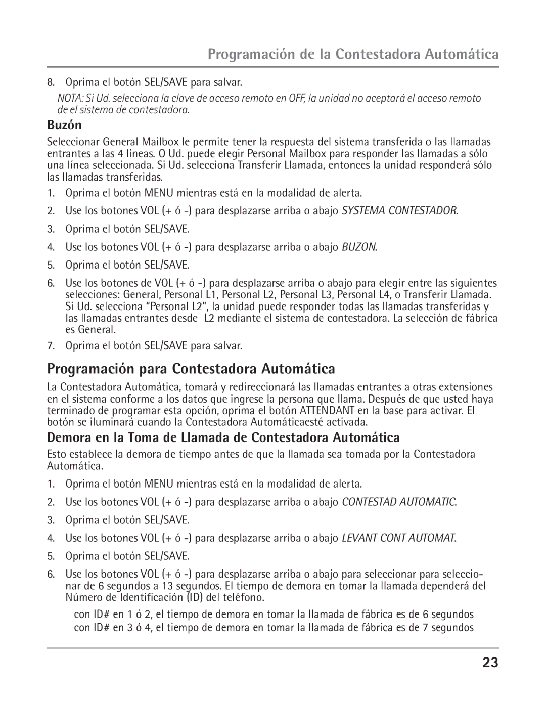 GE 25425 manual Programación de la Contestadora Automática, Programación para Contestadora Automática, Buzón 