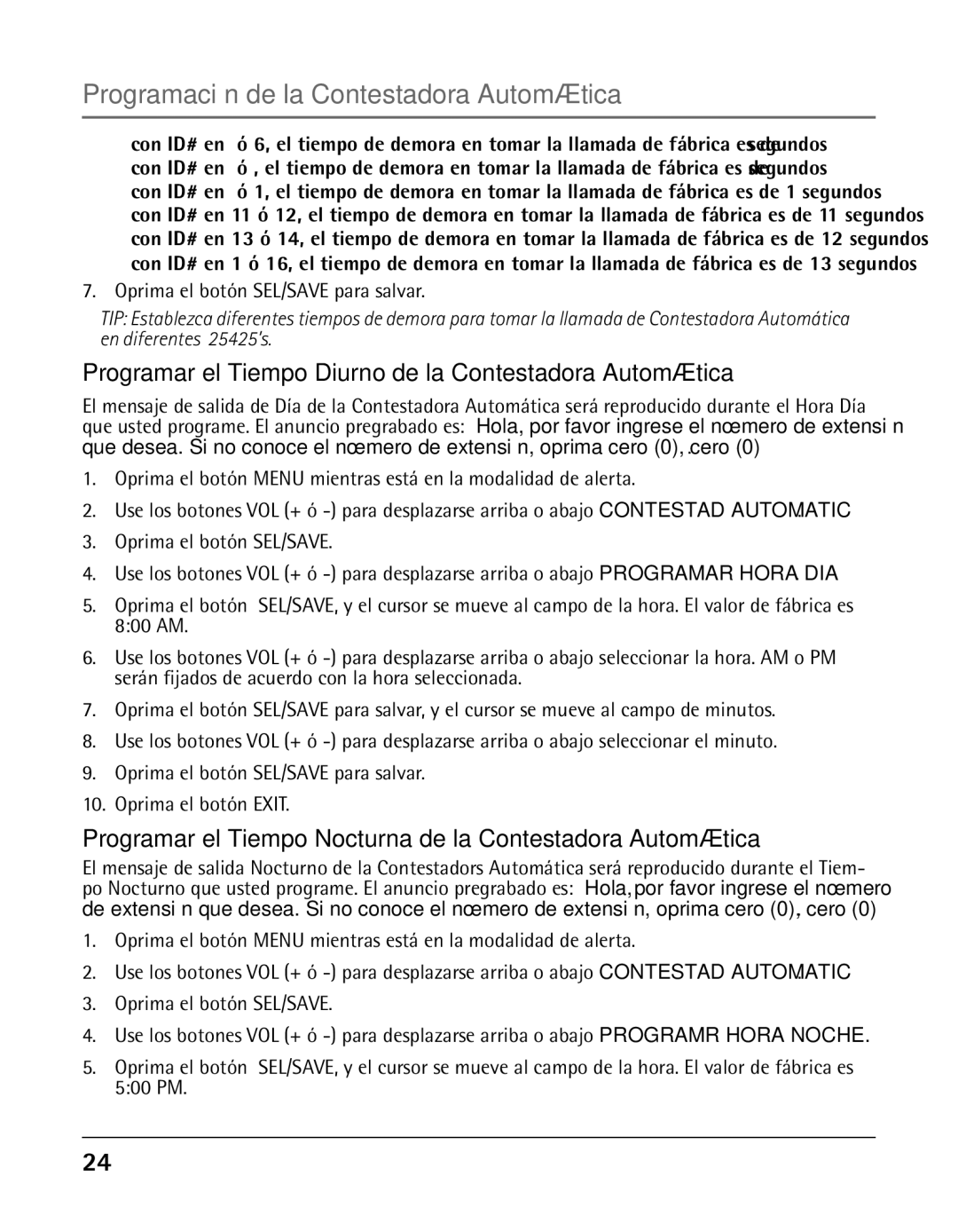 GE 25425 manual Programar el Tiempo Diurno de la Contestadora Automática 