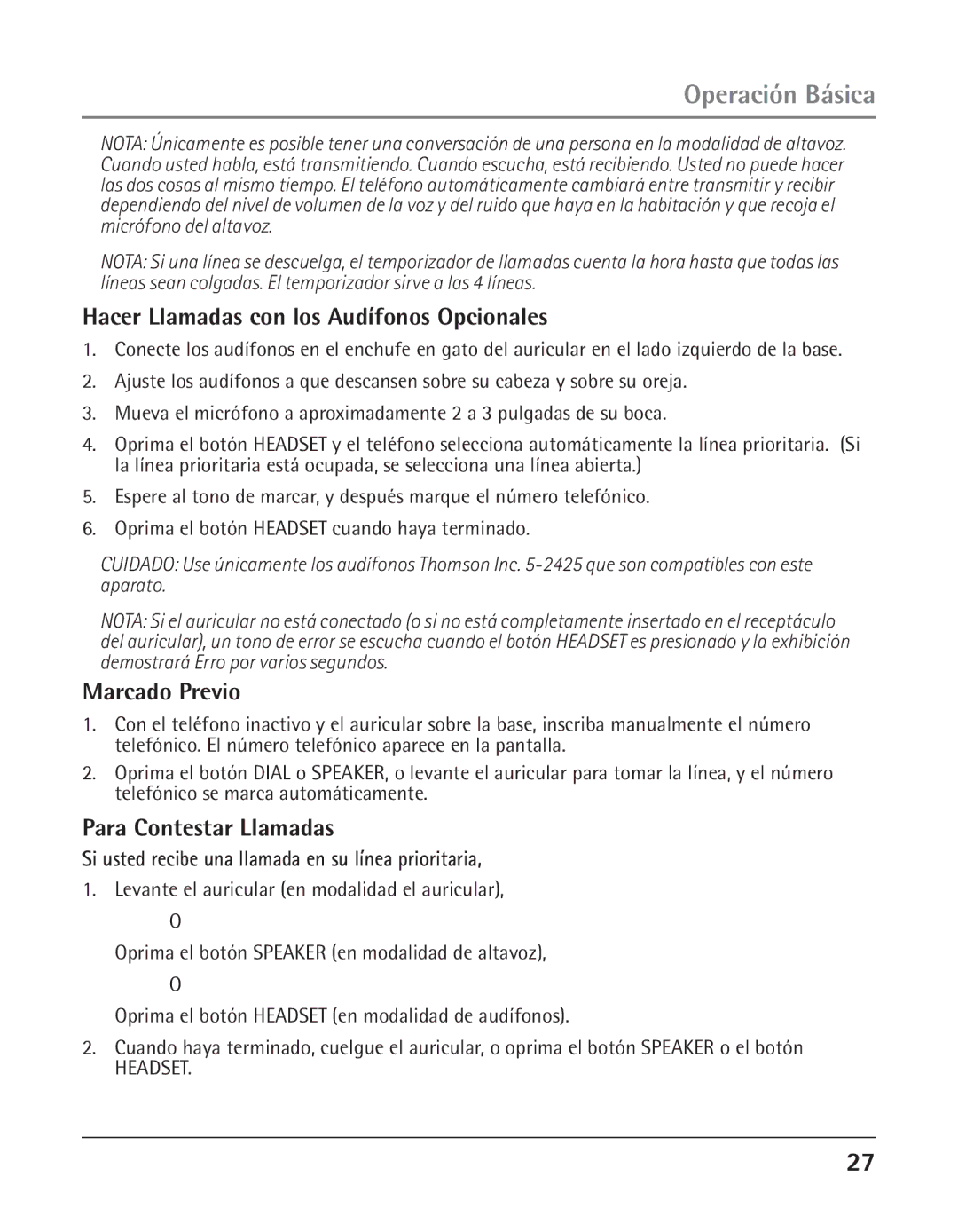 GE 25425 manual Hacer Llamadas con los Audífonos Opcionales, Marcado Previo, Para Contestar Llamadas 