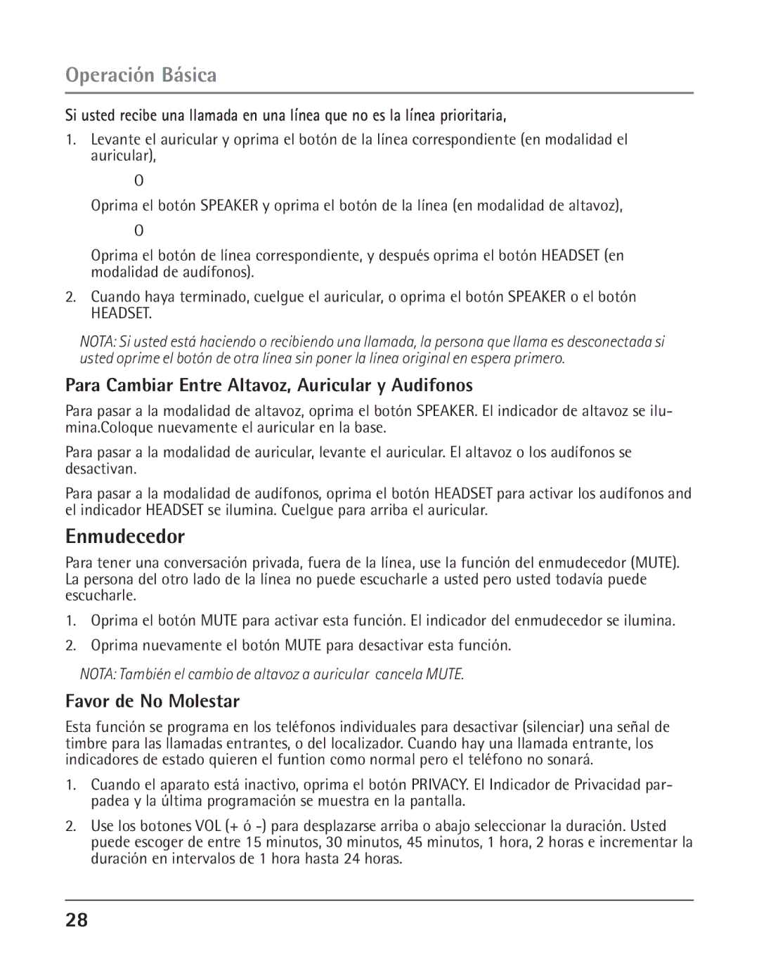 GE 25425 manual Enmudecedor, Para Cambiar Entre Altavoz, Auricular y Audifonos, Favor de No Molestar 