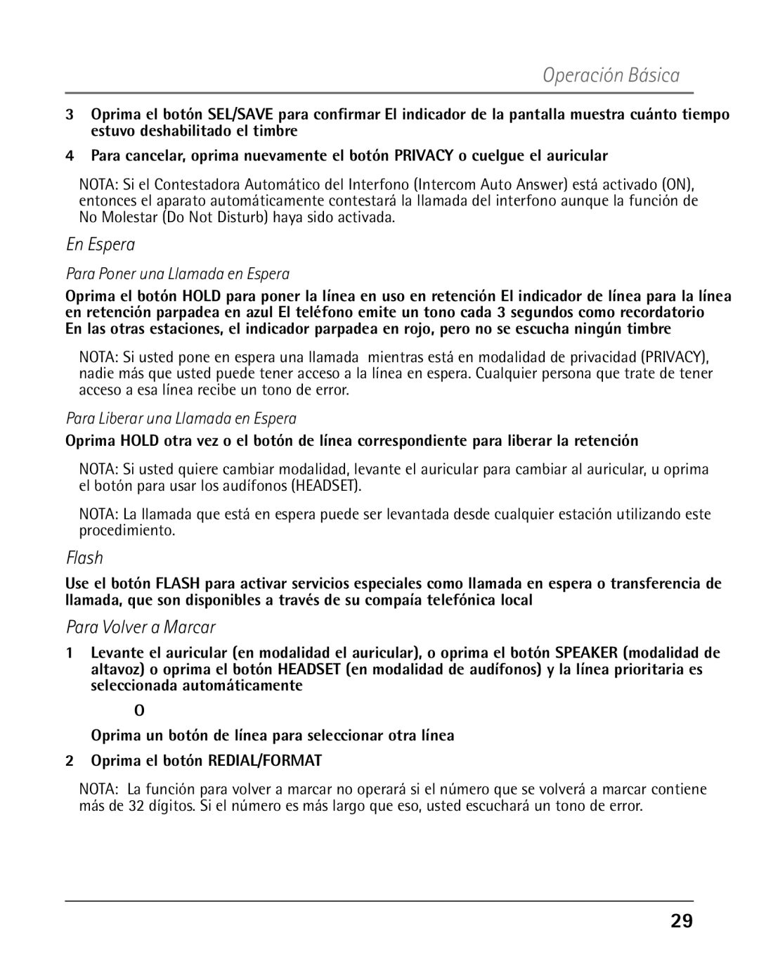 GE 25425 manual En Espera, Para Volver a Marcar, Para Poner una Llamada en Espera, Para Liberar una Llamada en Espera 