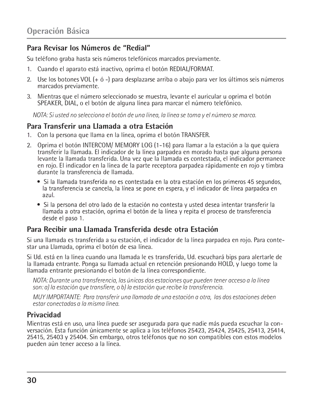 GE 25425 manual Para Revisar los Números de Redial, Para Transferir una Llamada a otra Estación, Privacidad 