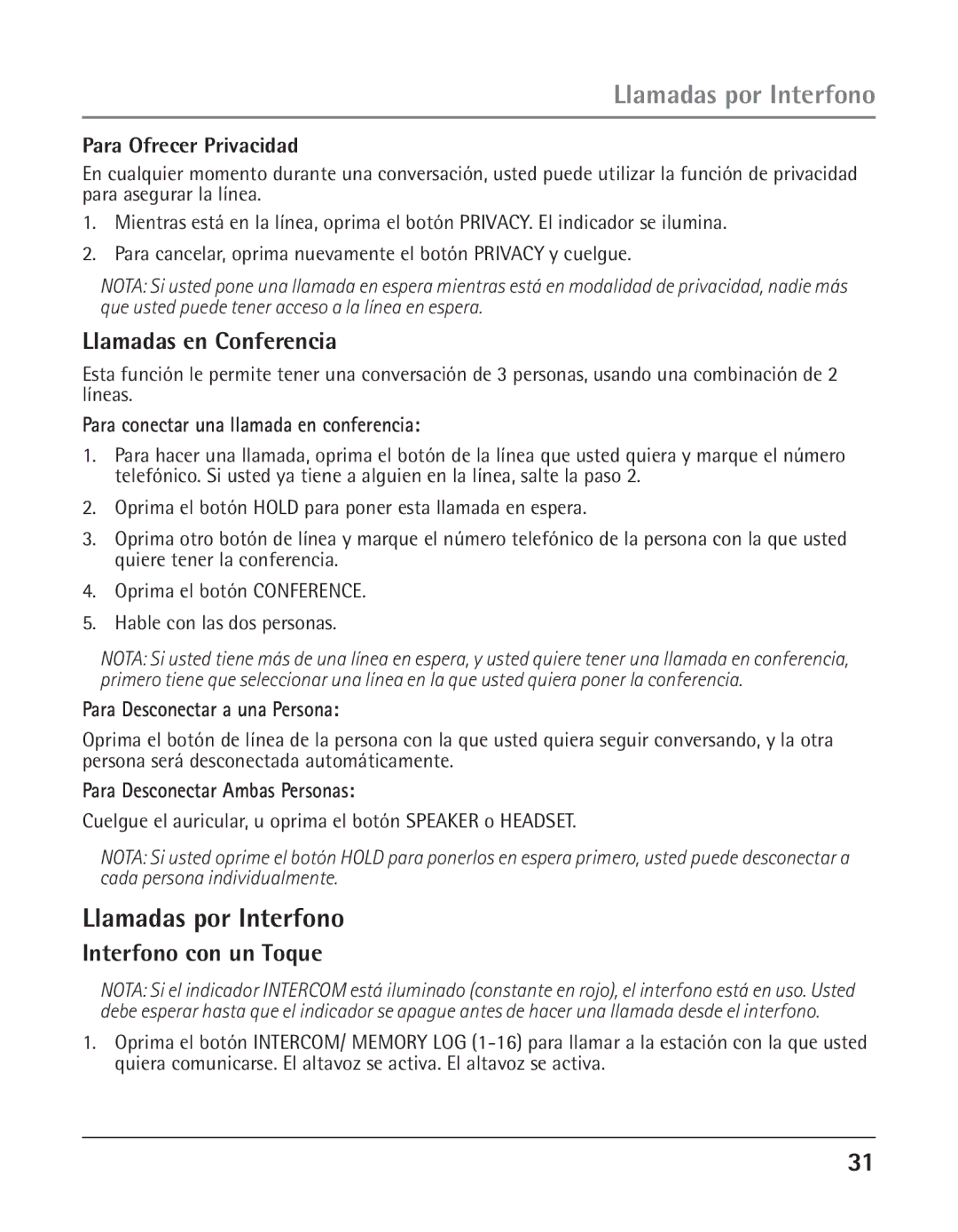 GE 25425 manual Llamadas por Interfono, Llamadas en Conferencia, Interfono con un Toque 