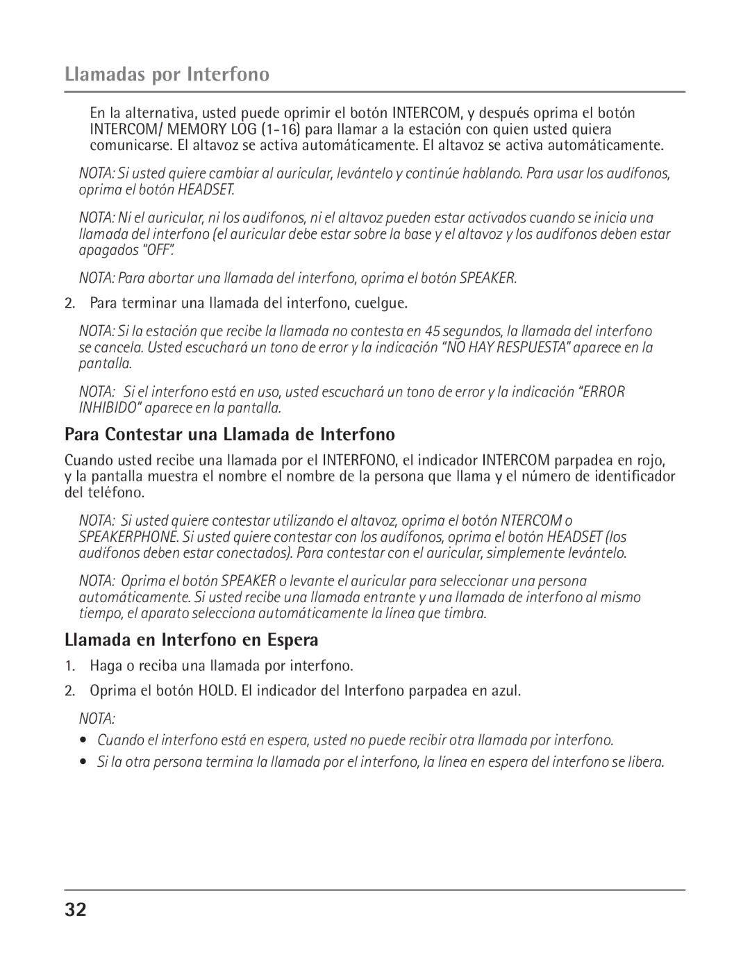 GE 25425 manual Para Contestar una Llamada de Interfono, Llamada en Interfono en Espera 