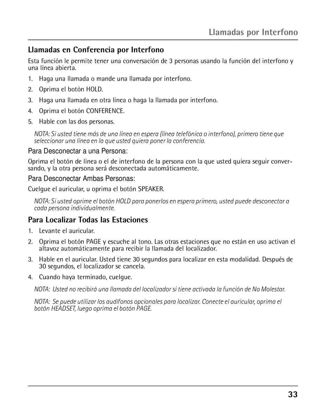 GE 25425 manual Llamadas en Conferencia por Interfono, Para Localizar Todas las Estaciones 