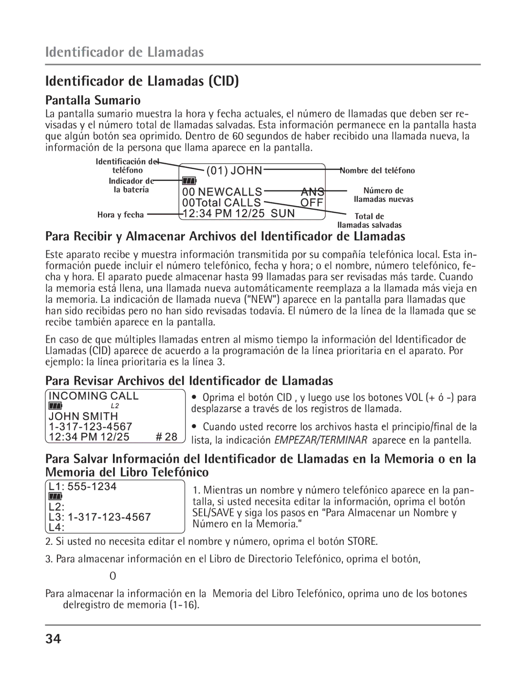 GE 25425 manual Identificador de Llamadas CID, Pantalla Sumario, Para Revisar Archivos del Identificador de Llamadas 